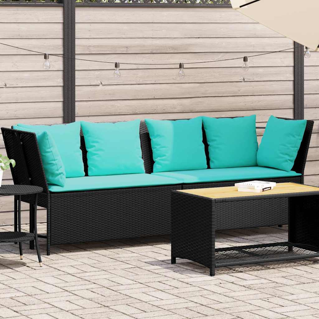 Sofá de jardim com almofadões vime PE preto