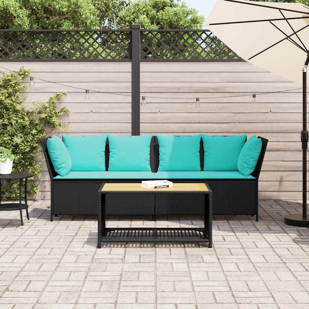 Sofá de jardim com almofadões vime PE preto