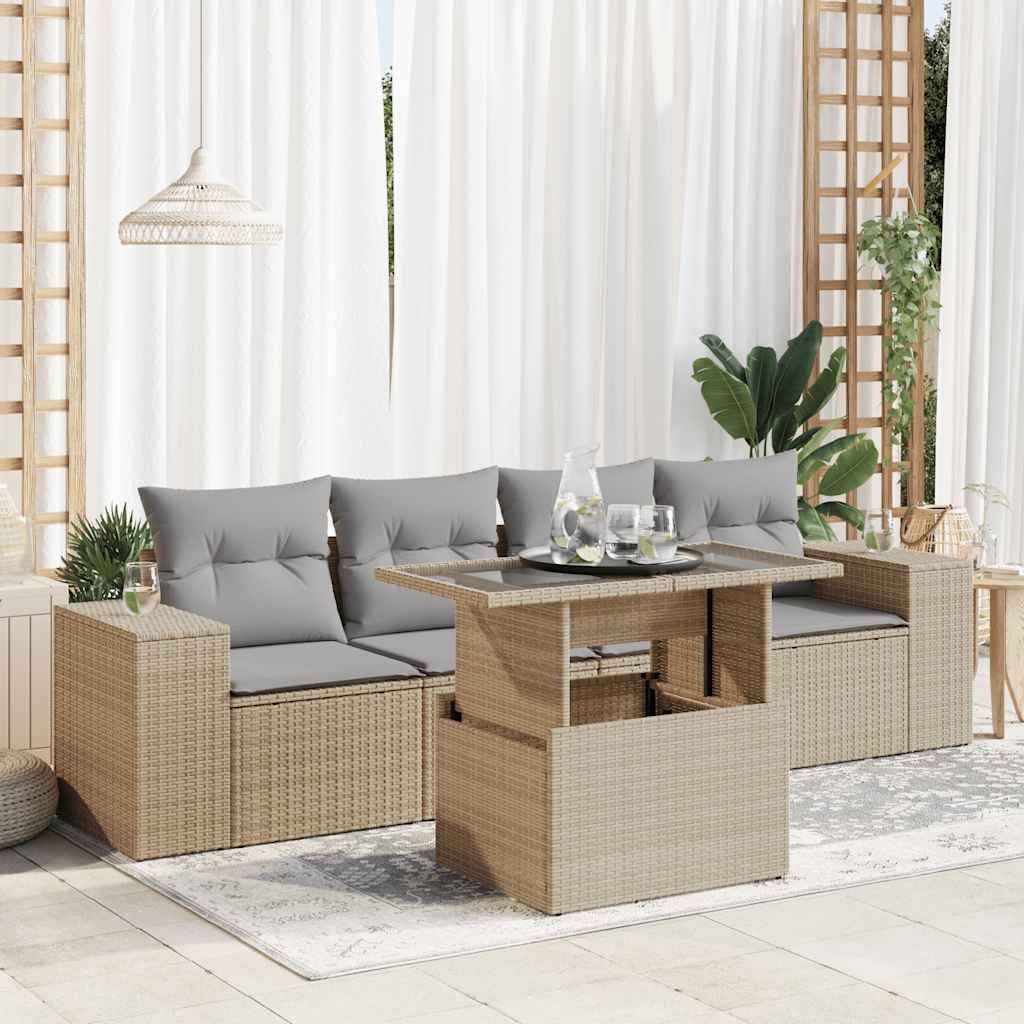 5 Pcs conjunto de sofás p/ jardim com almofadões vime PE bege