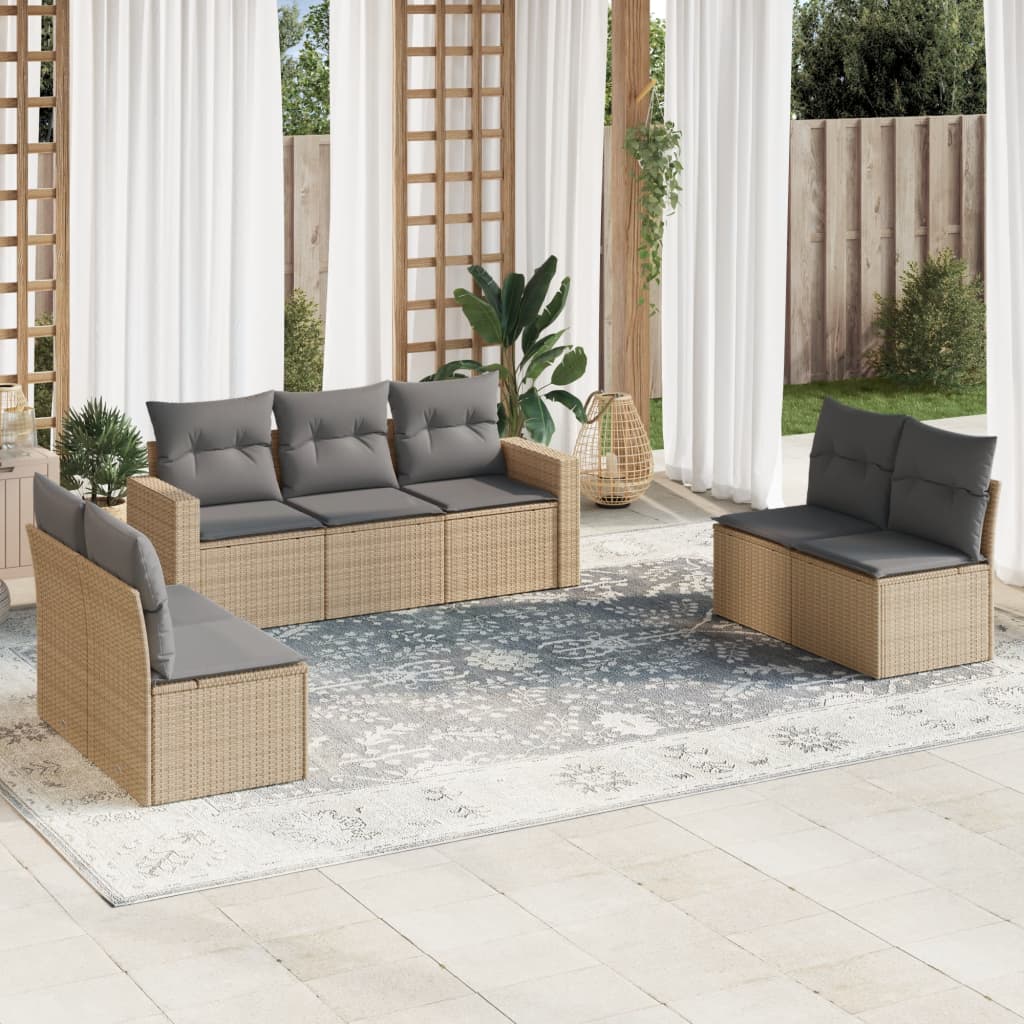 7 Pcs conjunto de sofás p/ jardim com almofadões vime PE bege