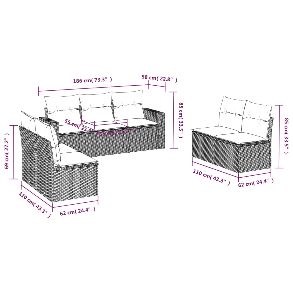 7 Pcs conjunto de sofás p/ jardim com almofadões vime PE bege