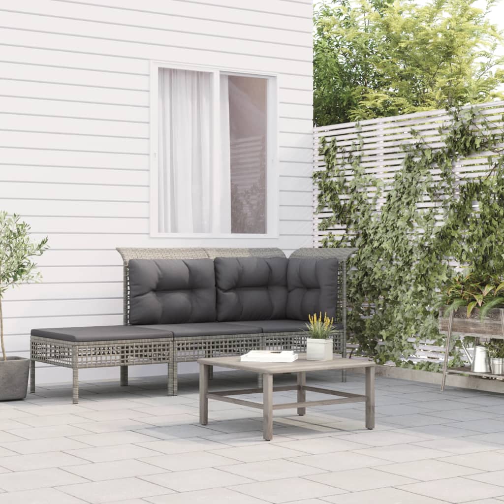 3 Pcs conjunto lounge de jardim c/ almofadões vime PE cinzento