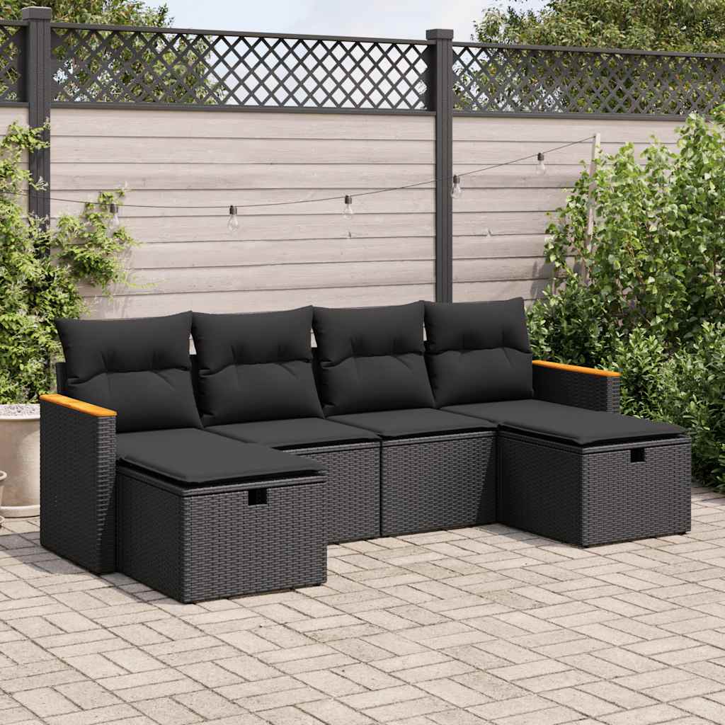 6 Pcs conjunto sofás de jardim c/ almofadões vime PE preto