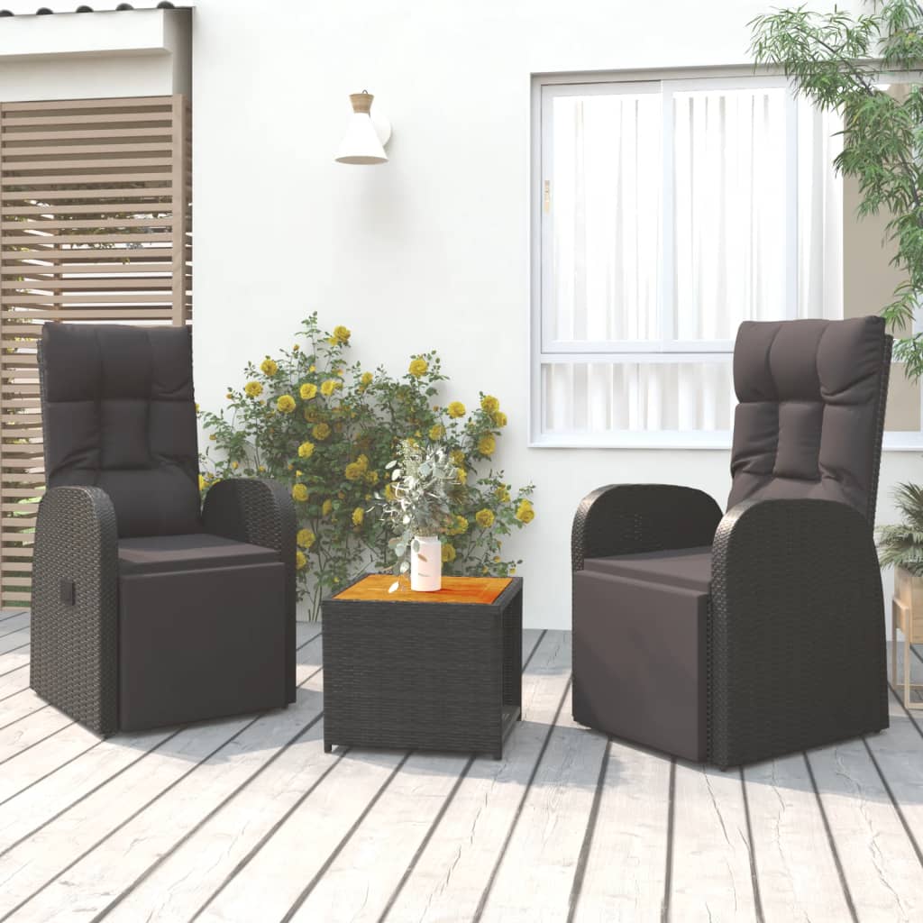 3 Pcs conjunto lounge para jardim vime PE/acácia maciça preto