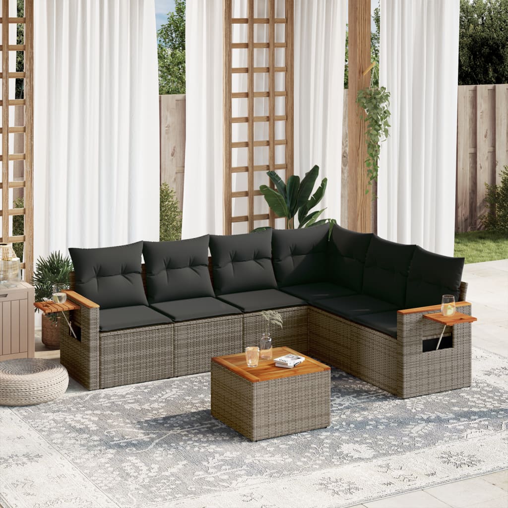 7 Pcs conjunto sofás p/ jardim c/ almofadões vime PE cinzento