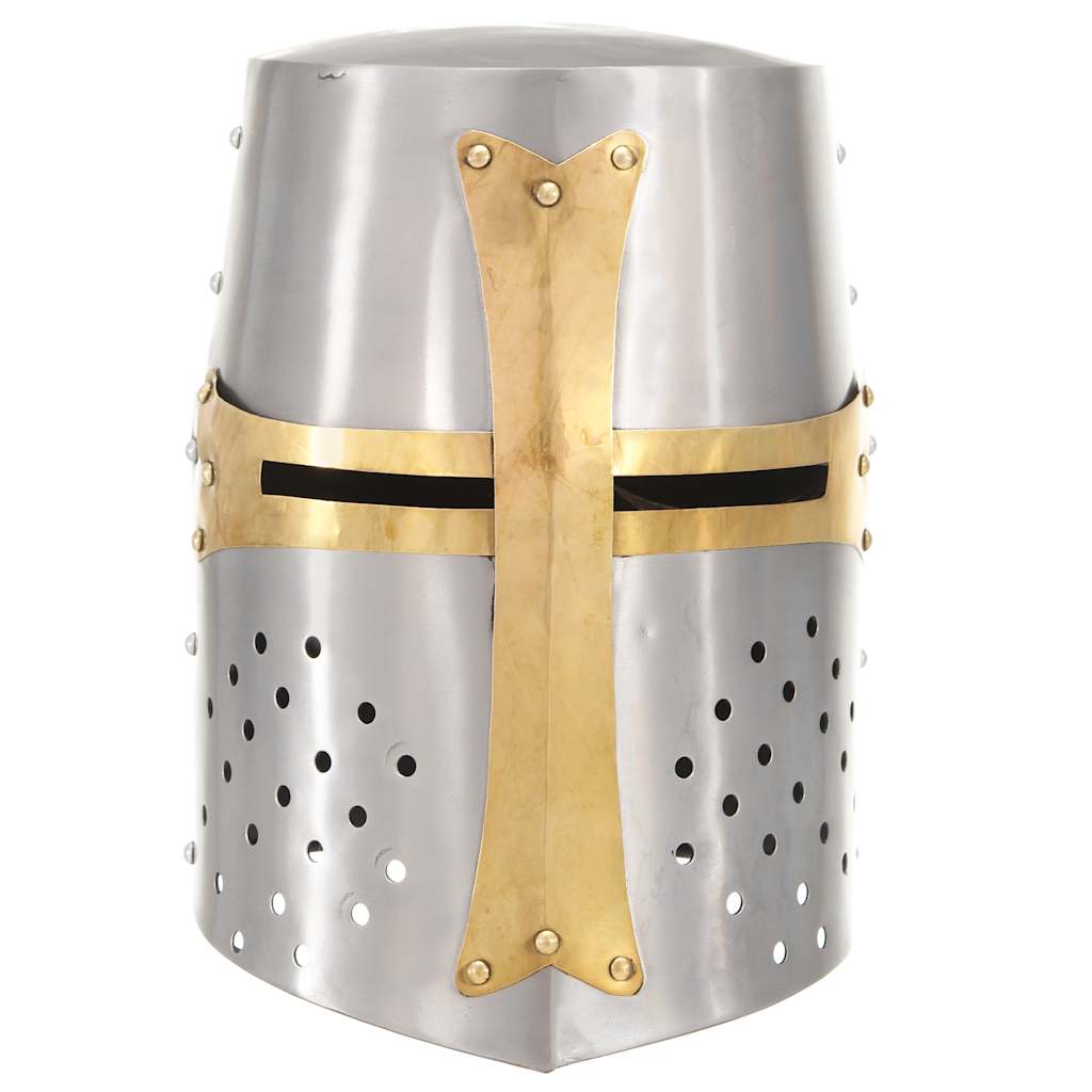 Capacete de cavaleiro medieval réplica larp aço prateado