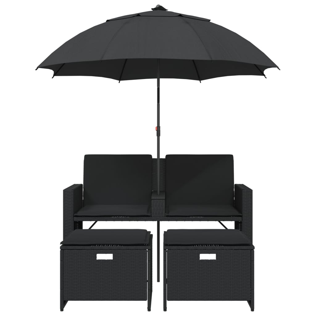 Sofá de jardim 2 lugares com guarda-sol e bancos vime PE preto
