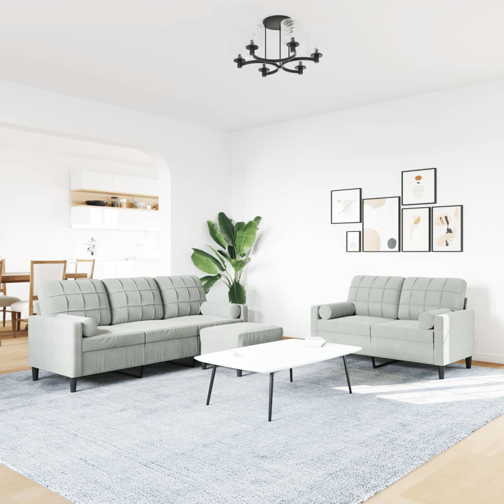 3 Pcs conjunto sofás com almofadões e rolos veludo cinza-claro