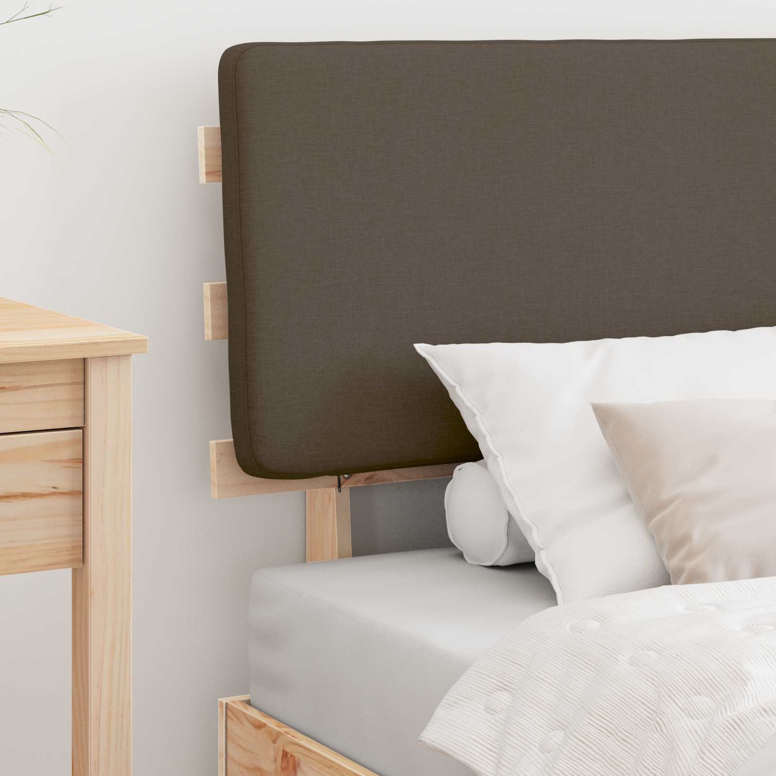 Estrutura de cama com cabeceira estofada cinzento-acastanhado