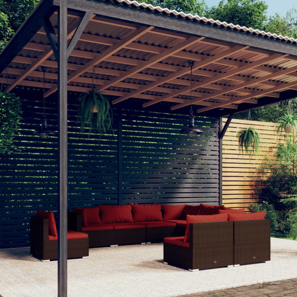 9 Pcs conjunto lounge jardim c/ almofadões vime PE castanho