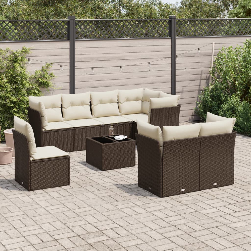 9 Pcs conjunto sofás p/ jardim c/ almofadões vime PE castanho