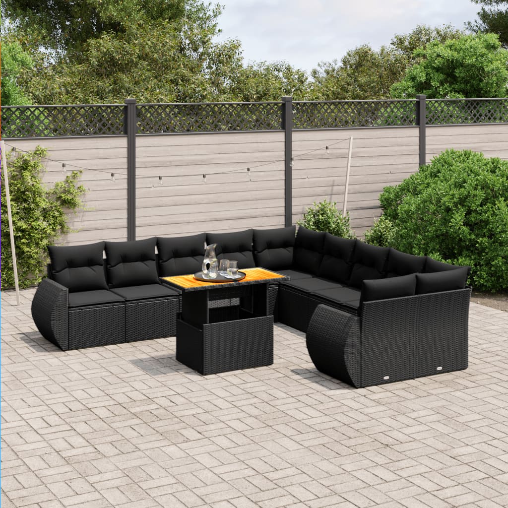 11 Pcs conjunto sofás de jardim c/ almofadões vime PE preto
