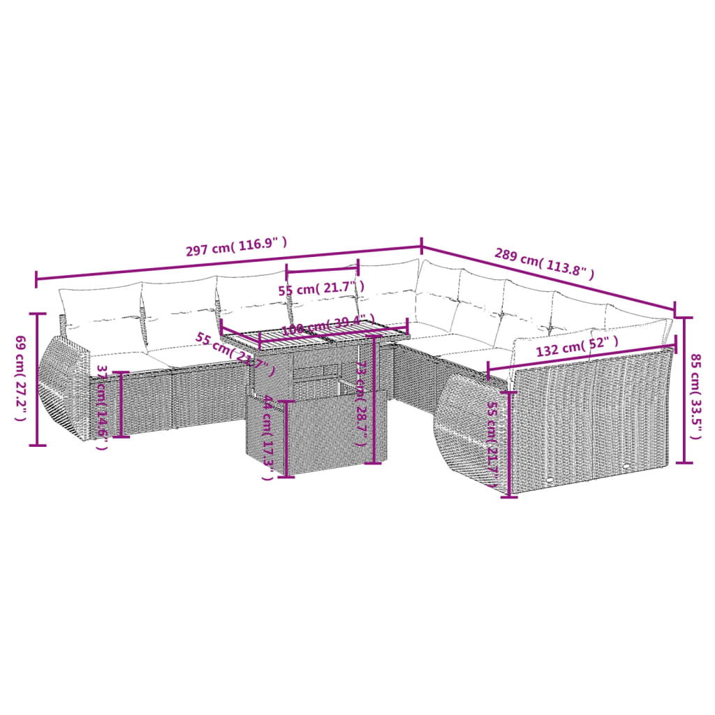 11 Pcs conjunto sofás de jardim c/ almofadões vime PE preto