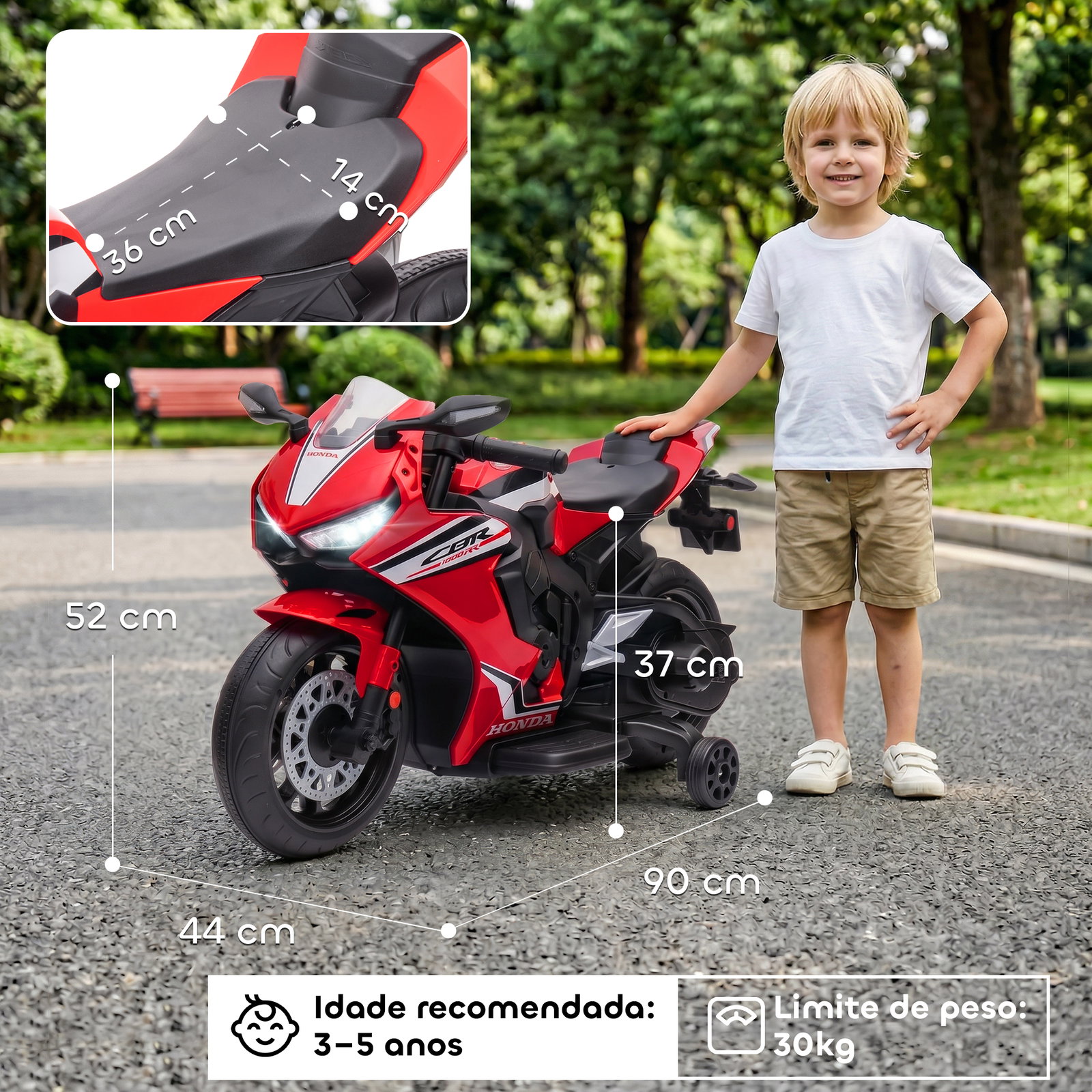 Mota elétrica com licença honda para crianças de 3-5 anos mota a bateria 6v com farol buzina música 90x44x52cm vermelho