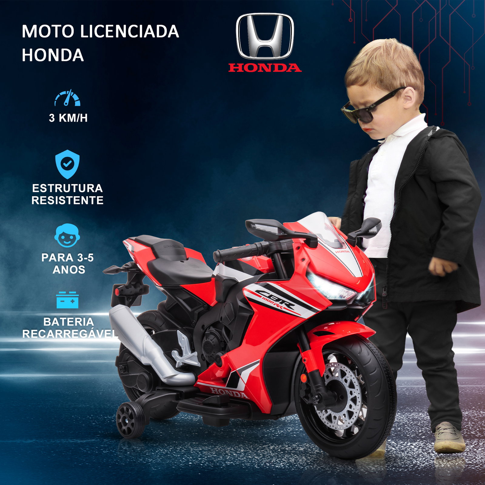 Mota elétrica com licença honda para crianças de 3-5 anos mota a bateria 6v com farol buzina música 90x44x52cm vermelho