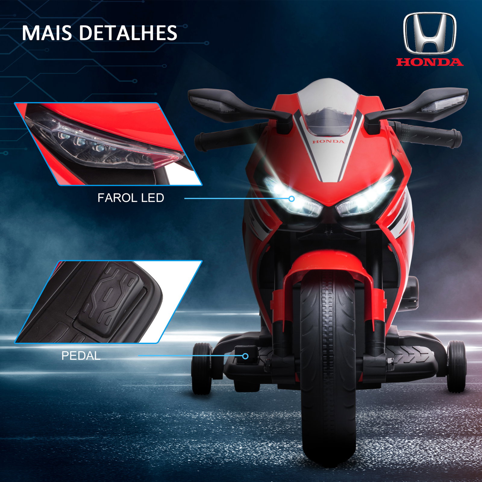 Mota elétrica com licença honda para crianças de 3-5 anos mota a bateria 6v com farol buzina música 90x44x52cm vermelho