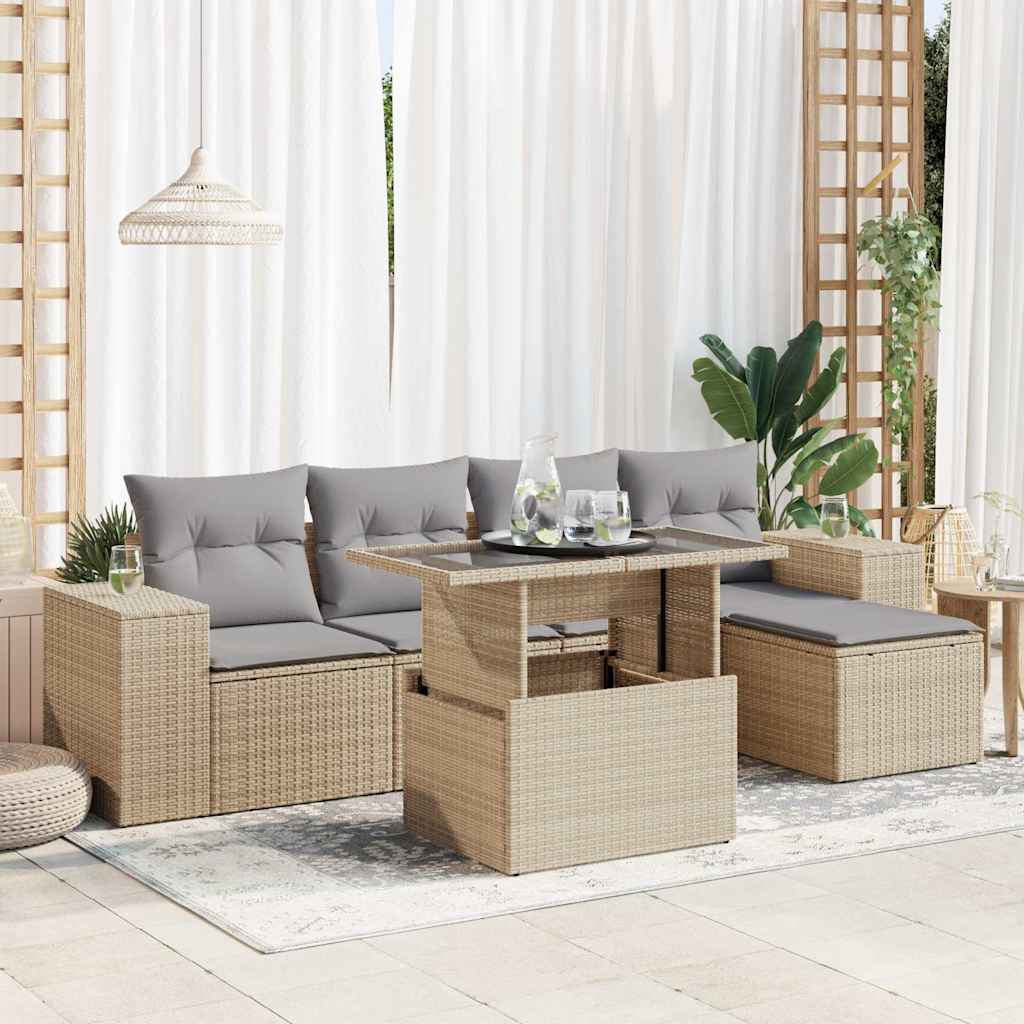 6 Pcs conjunto de sofás p/ jardim com almofadões vime PE bege