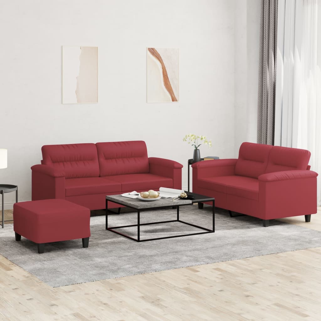3 Pcs conjunto sofás c/ almofadões couro artif. vermelho tinto