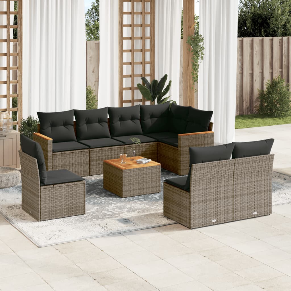 9 Pcs conjunto sofás p/ jardim com almofadões vime PE cinzento