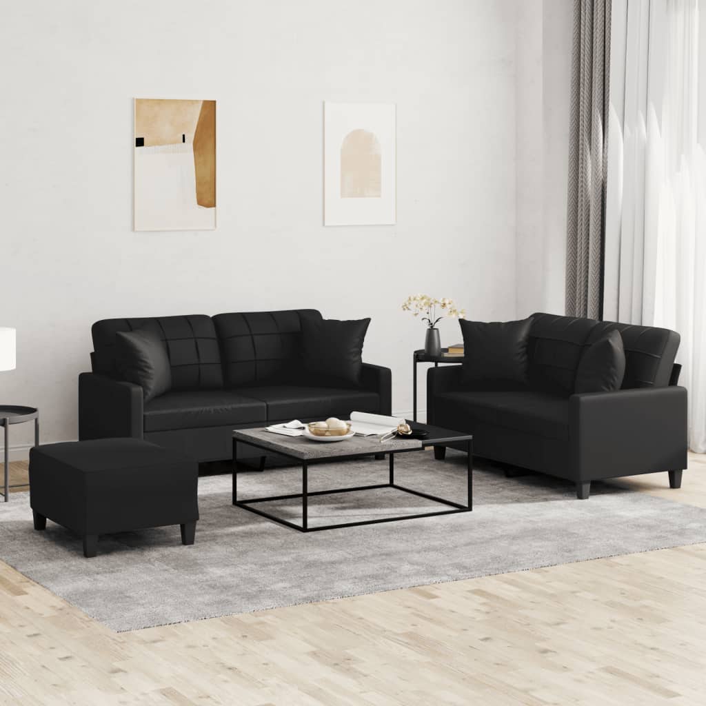 3 Pcs conjunto de sofás com almofadas couro artificial preto
