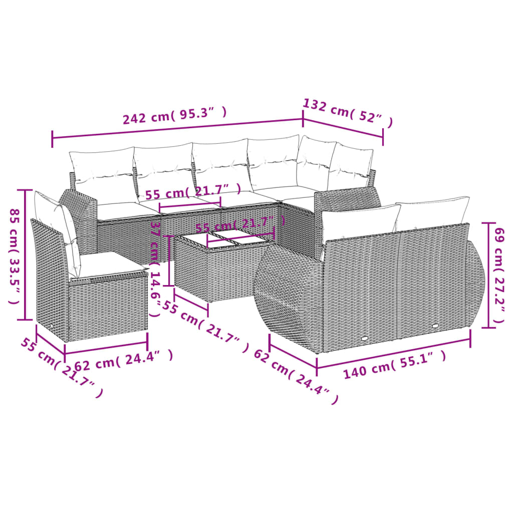 9 Pcs conjunto de sofás p/ jardim c/ almofadões vime PE preto