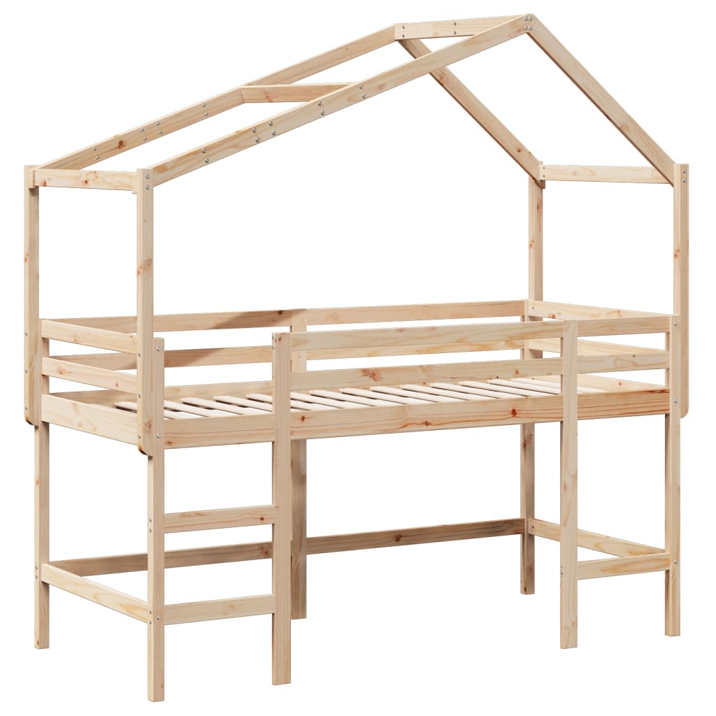 Cama alta c/ escada e telhado 80x200 cm pinho maciço