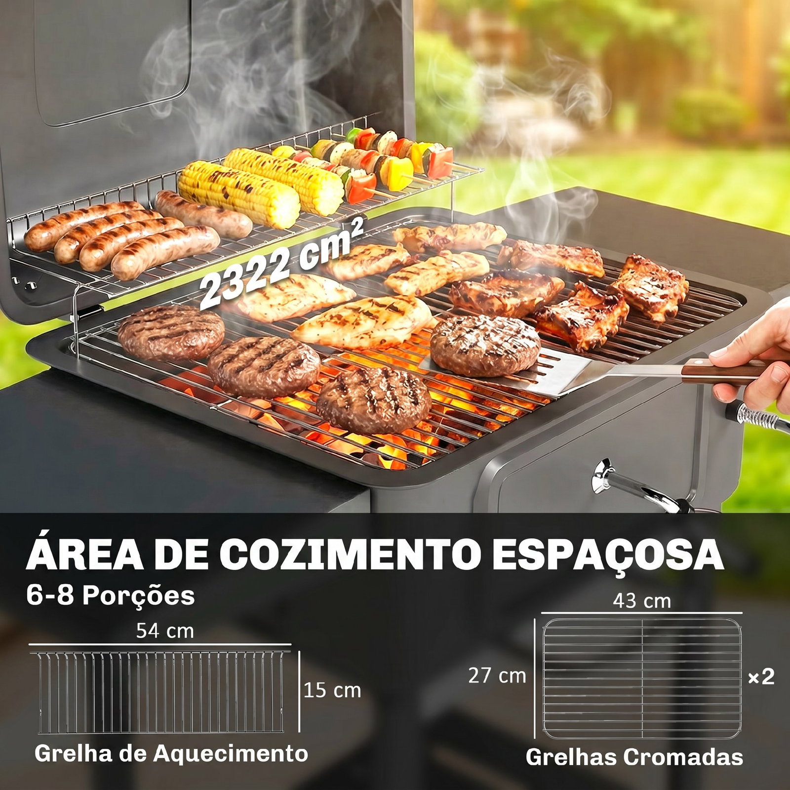 Grelhador de carvão com bandeja e ventilação ajustável prateleiras laterais rodas termómetro tampa e porta