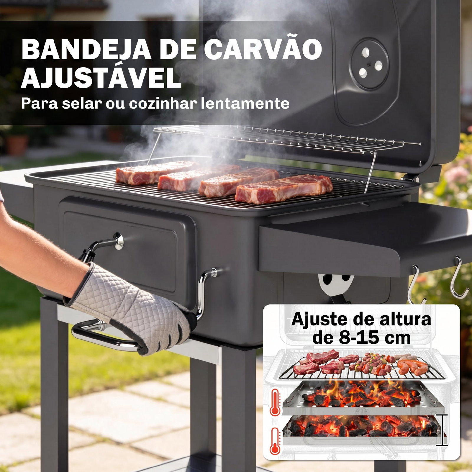 Grelhador de carvão com bandeja e ventilação ajustável prateleiras laterais rodas termómetro tampa e porta