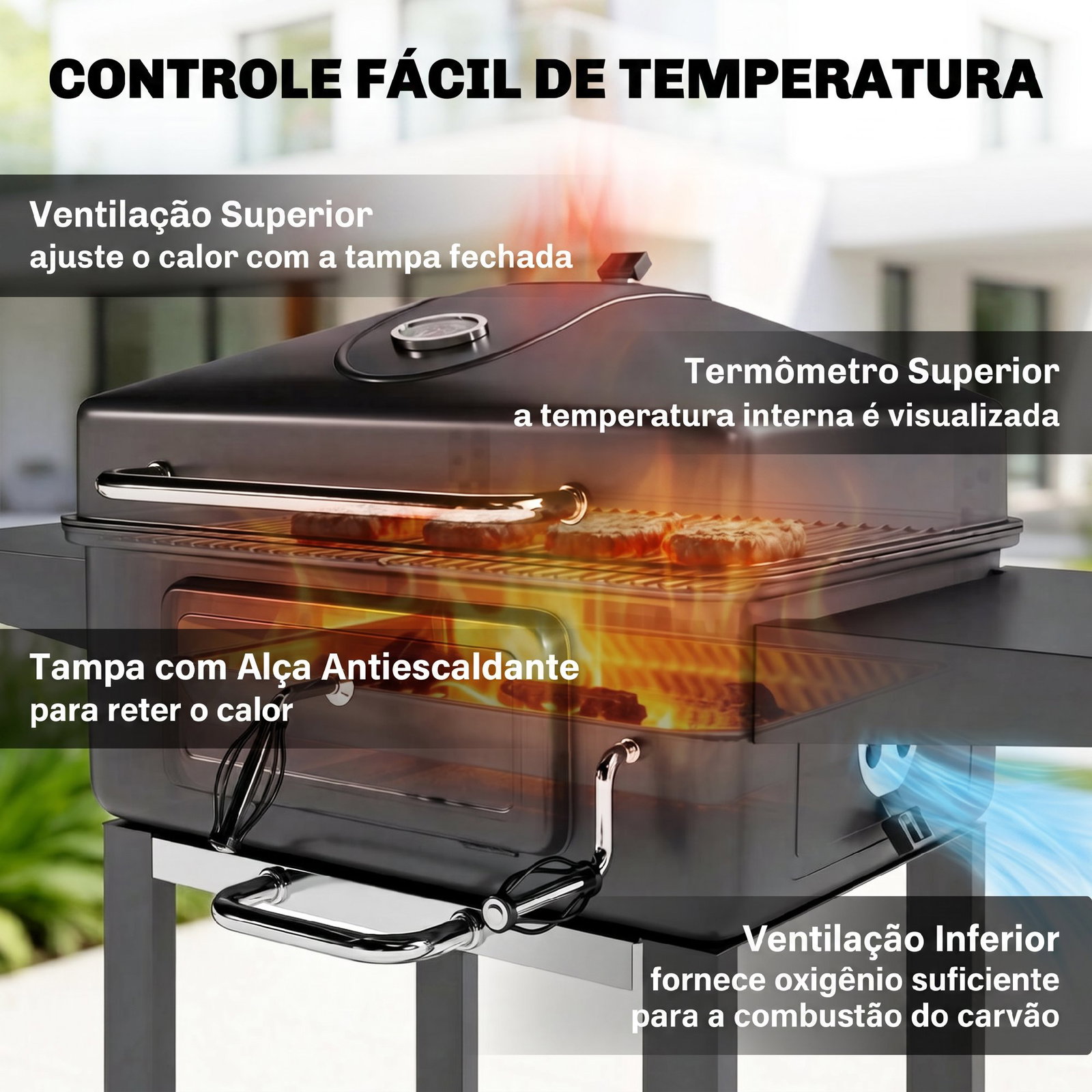 Grelhador de carvão com bandeja e ventilação ajustável prateleiras laterais rodas termómetro tampa e porta