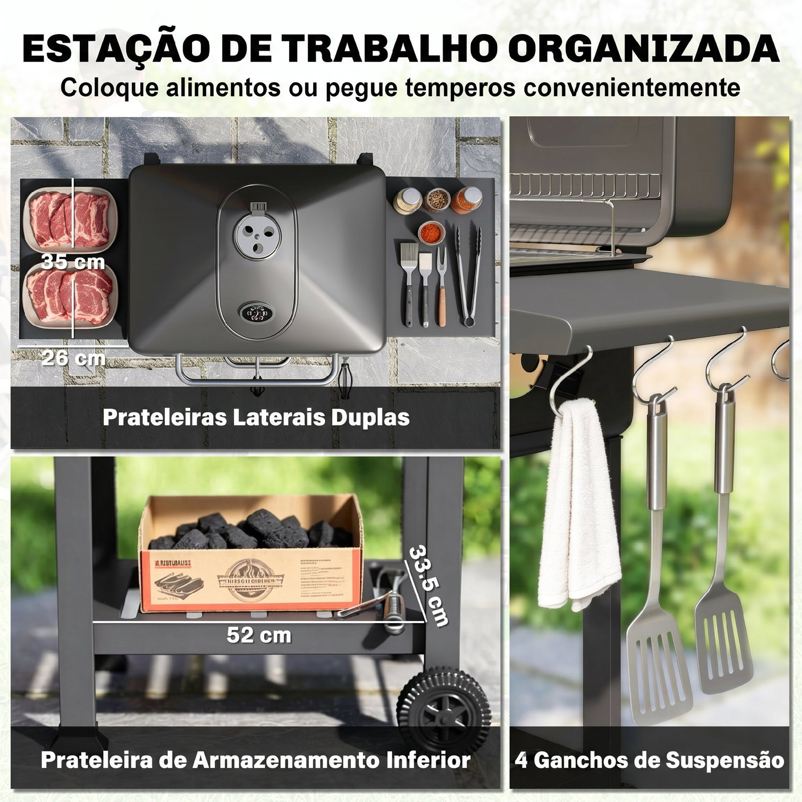 Grelhador de carvão com bandeja e ventilação ajustável prateleiras laterais rodas termómetro tampa e porta