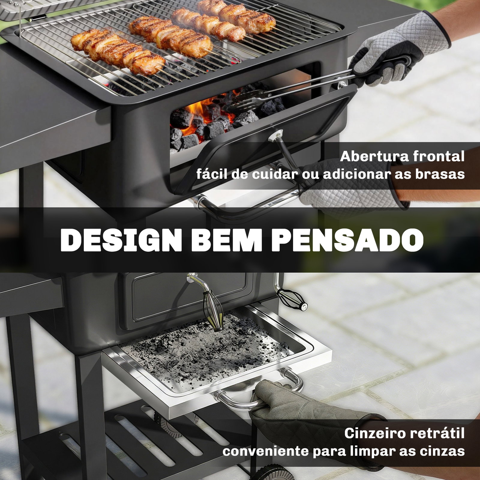 Grelhador de carvão com bandeja e ventilação ajustável prateleiras laterais rodas termómetro tampa e porta