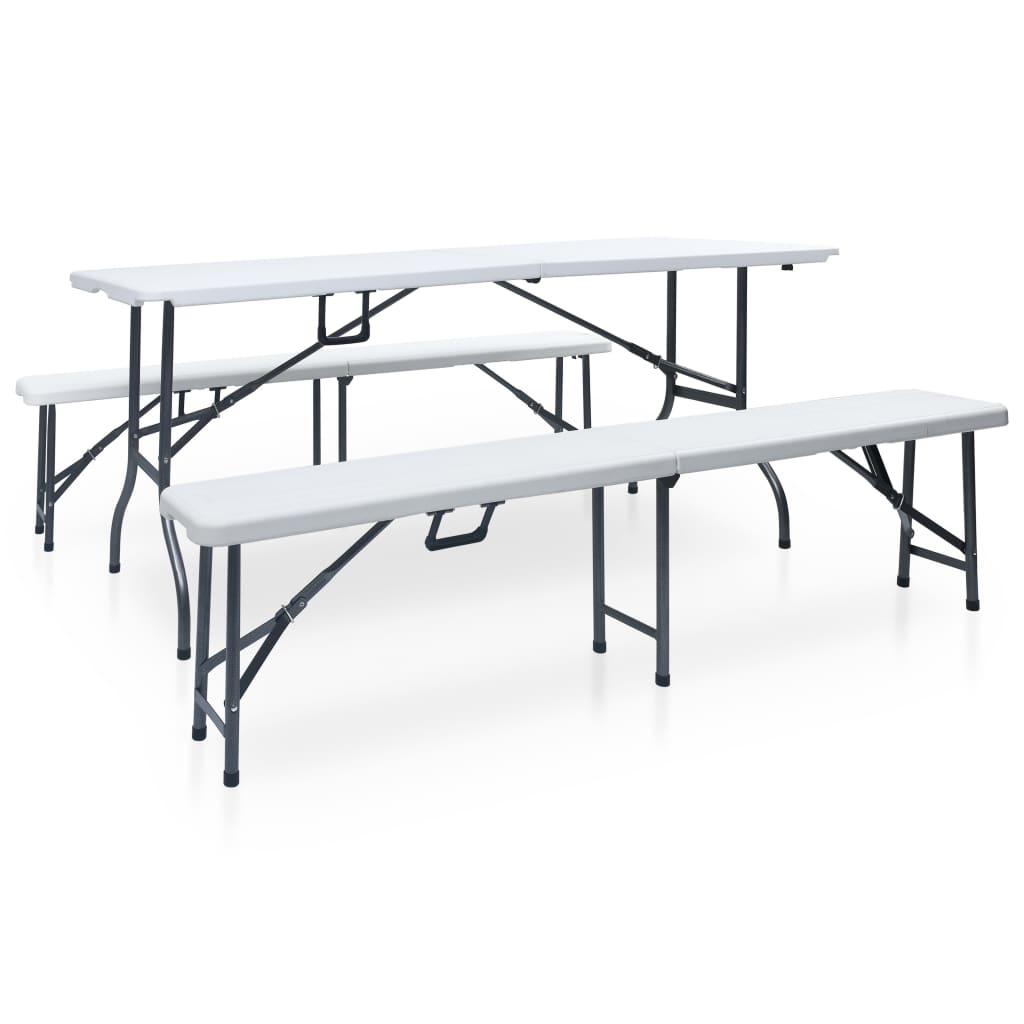 Mesa de jardim dobrável com 2 bancos 180 cm aço e pead branco
