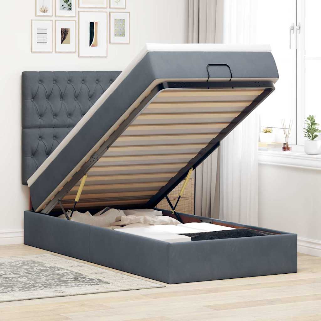 Moldura de cama otomana com colchões cinza escuro veludo