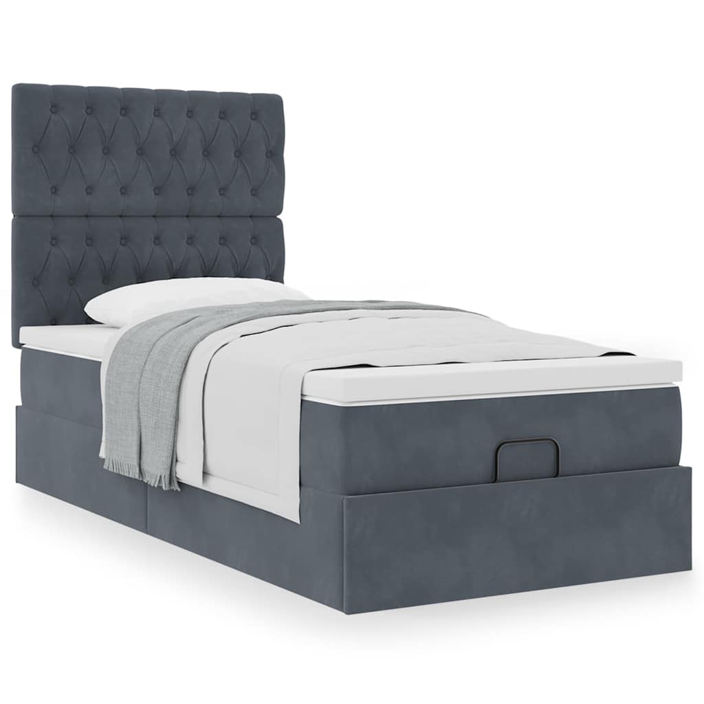 Moldura de cama otomana com colchões cinza escuro veludo