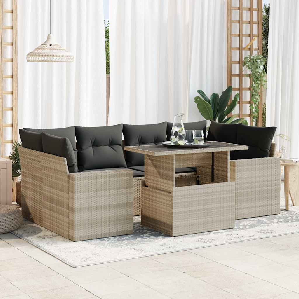 7 Pcs conj. sofás jardim com almofadões vime PE cinzento-claro