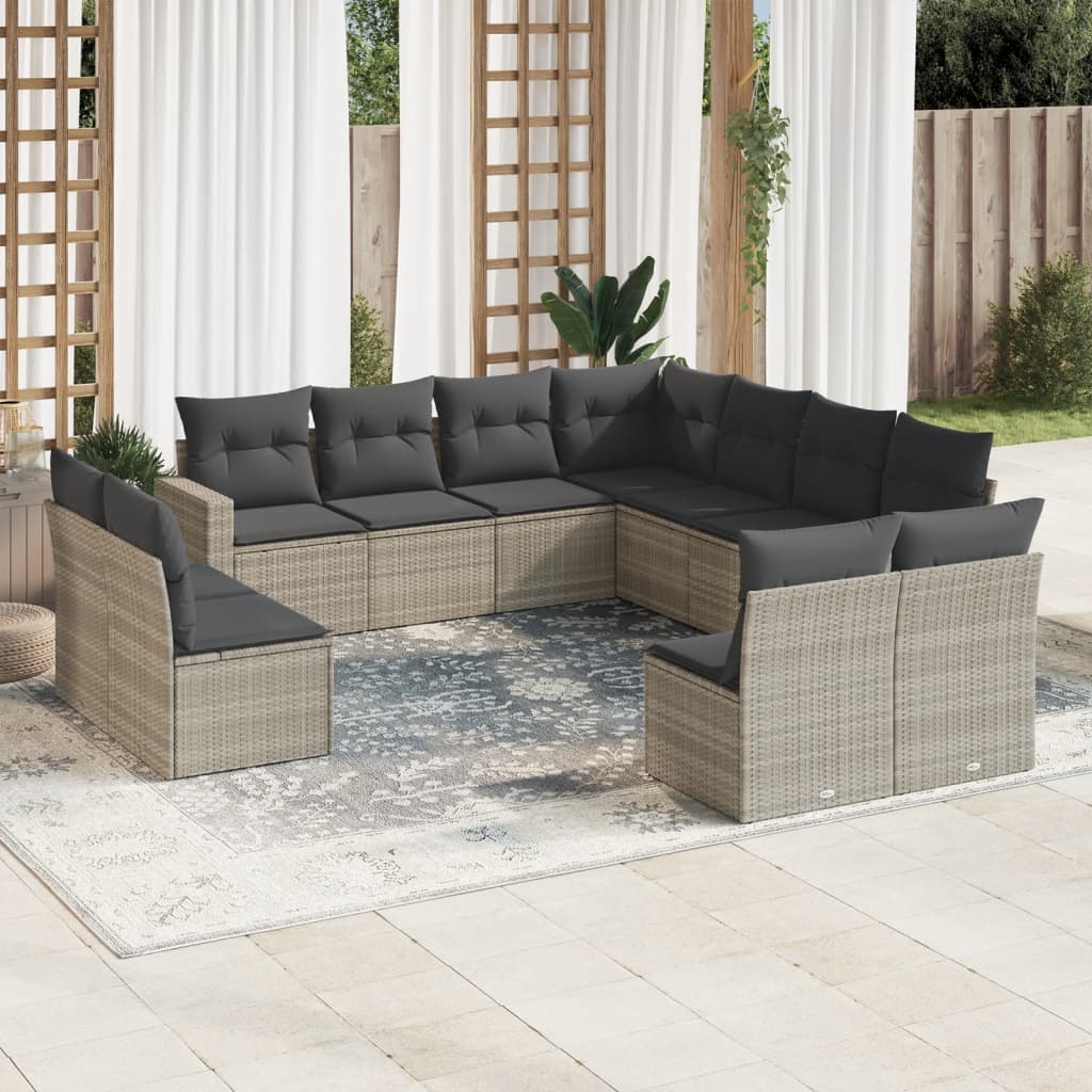 11 Pcs conjunto sofás de jardim c/ almofadões vime PE cinzento