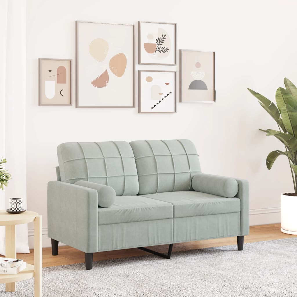 Sofá 2 lugares + almofadas decorativas 120cm veludo cinza-claro