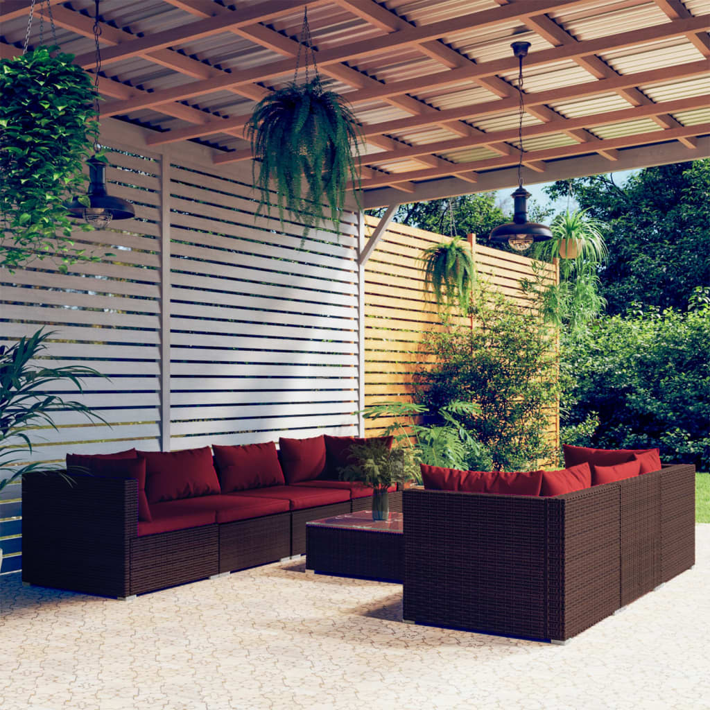 8 Pcs conjunto lounge jardim c/ almofadões vime PE castanho