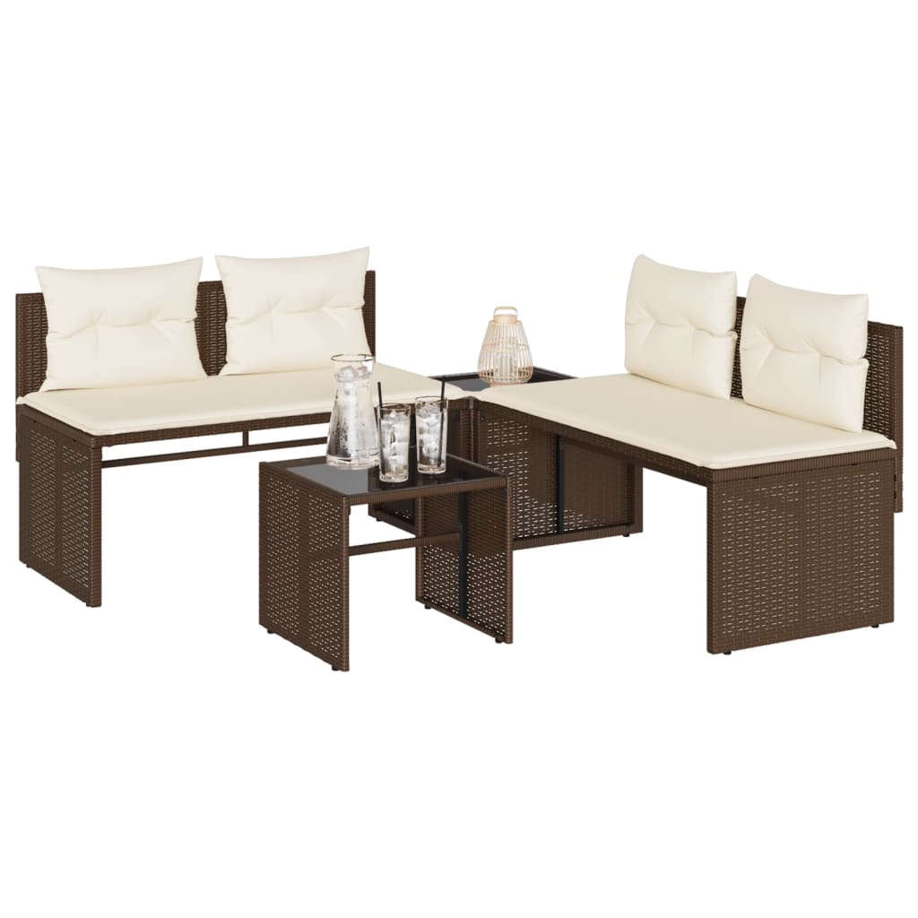 4 Pcs conjunto sofás de jardim c/ almofadões vime PE castanho