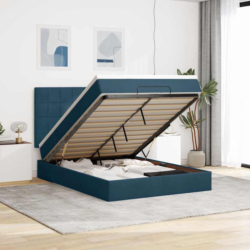 Estrutura cama otomana colchões 140x190 cm veludo azul escuro