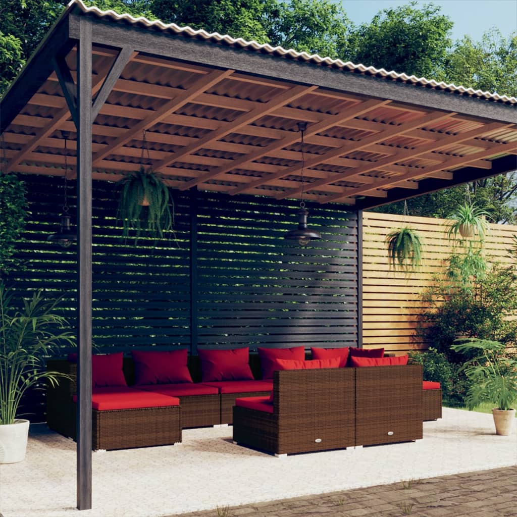 9 Pcs conjunto lounge jardim c/ almofadões vime PE castanho