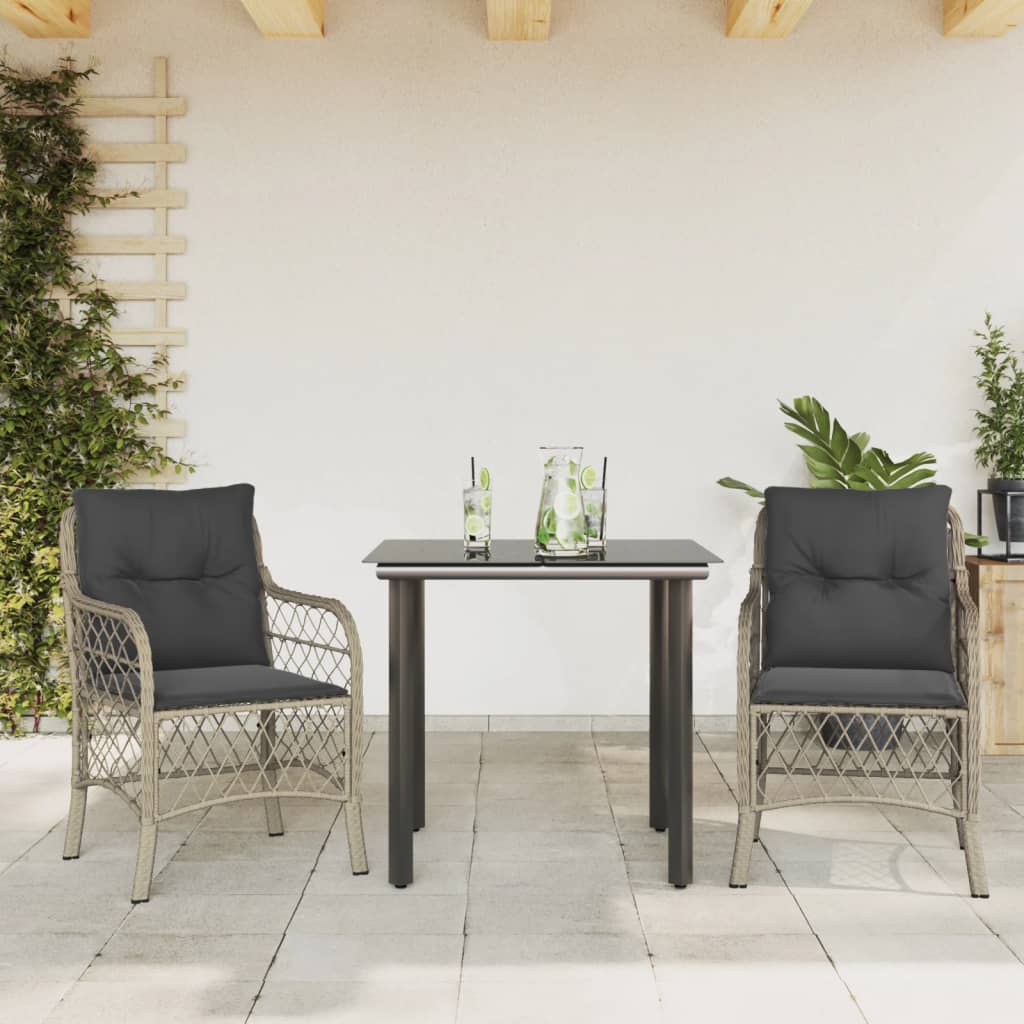 3 Pcs conjunto bistrô com almofadões vime PE cinzento claro