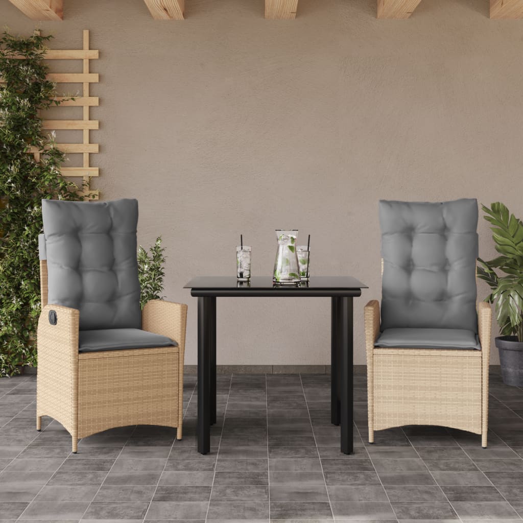 3 Pcs conjunto de jantar p/ jardim com almofadões vime PE bege