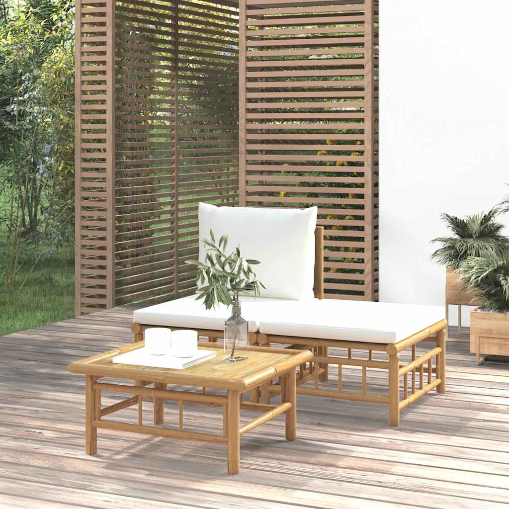 3 Pcs conjunto lounge de jardim bambu c/ almofadões branco nata