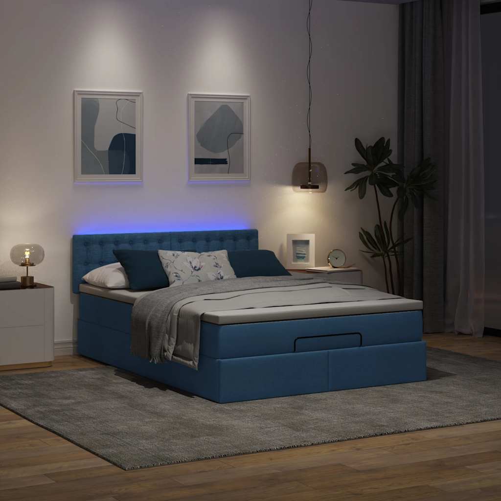 Cama otomana com colchão & leds azul 140x190cm tecido