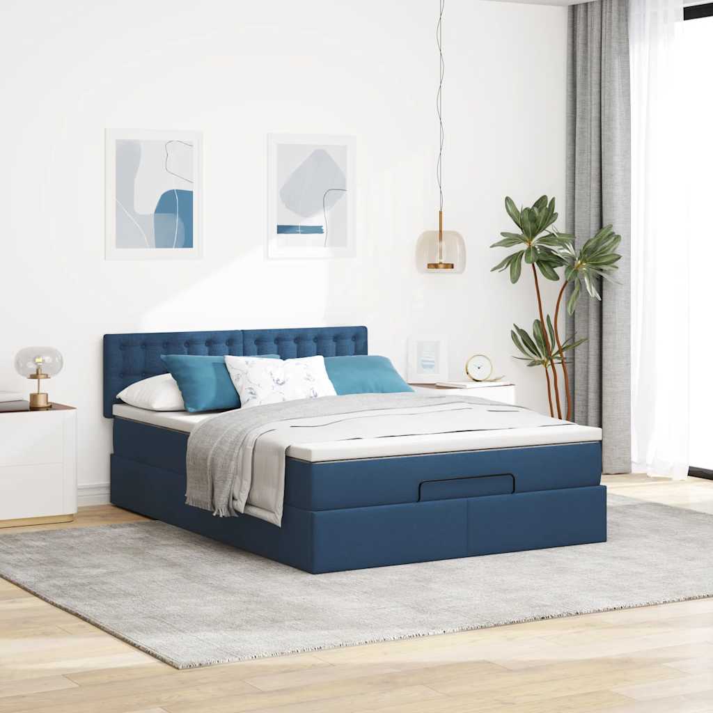 Cama otomana com colchão & leds azul 140x190cm tecido