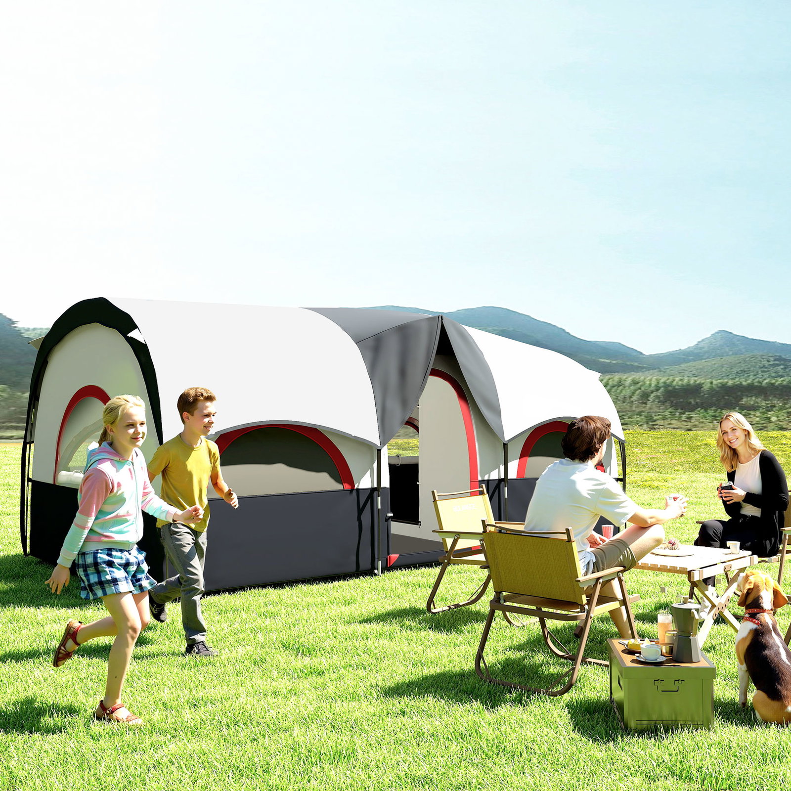 Tenda de campismo familiar tipo túnel para 4-6 pessoas impermeável 3.000 mm dobrável 435x251x195 cm cinzento escuro