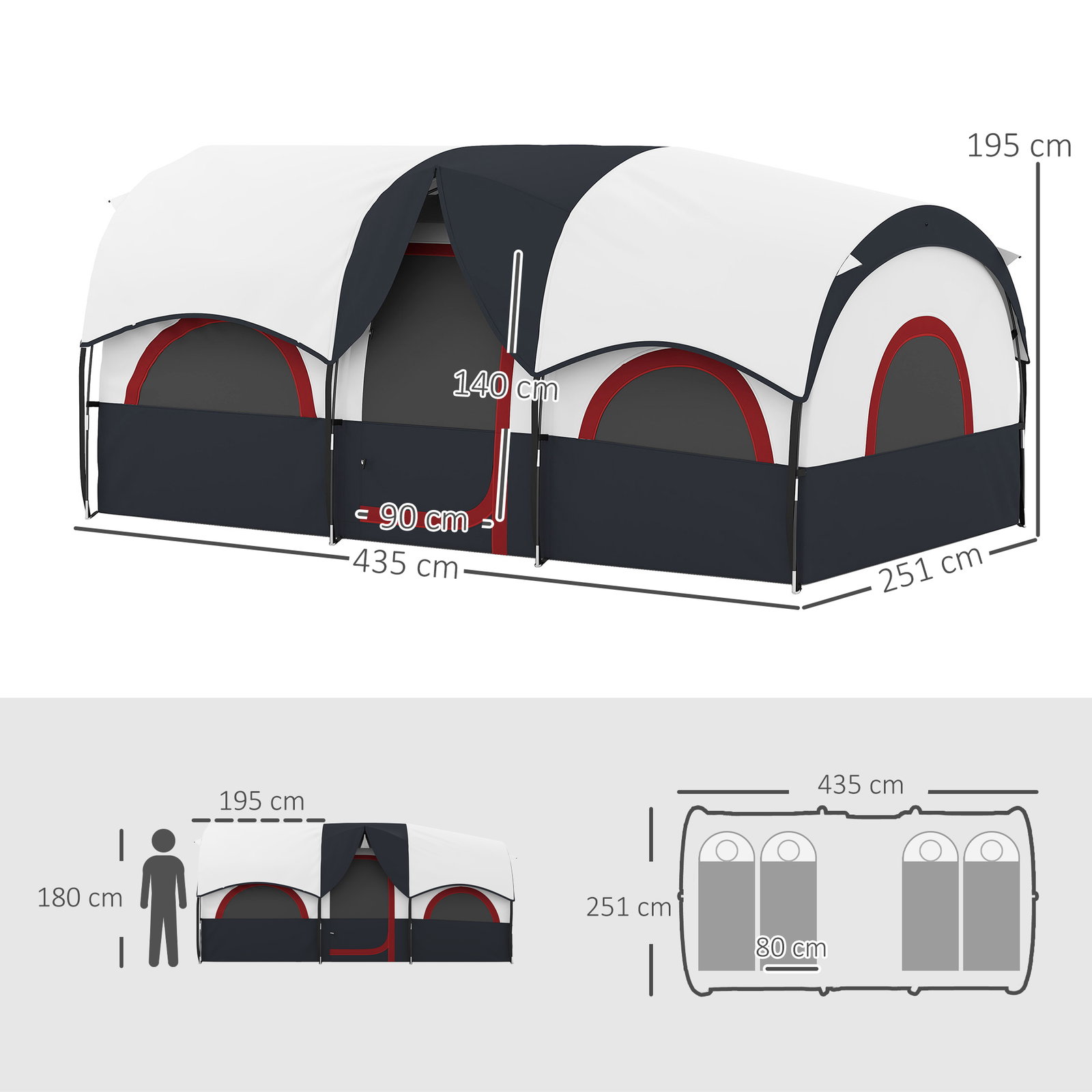 Tenda de campismo familiar tipo túnel para 4-6 pessoas impermeável 3.000 mm dobrável 435x251x195 cm cinzento escuro