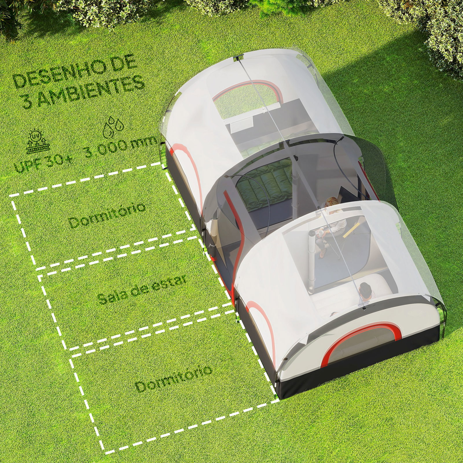 Tenda de campismo familiar tipo túnel para 4-6 pessoas impermeável 3.000 mm dobrável 435x251x195 cm cinzento escuro