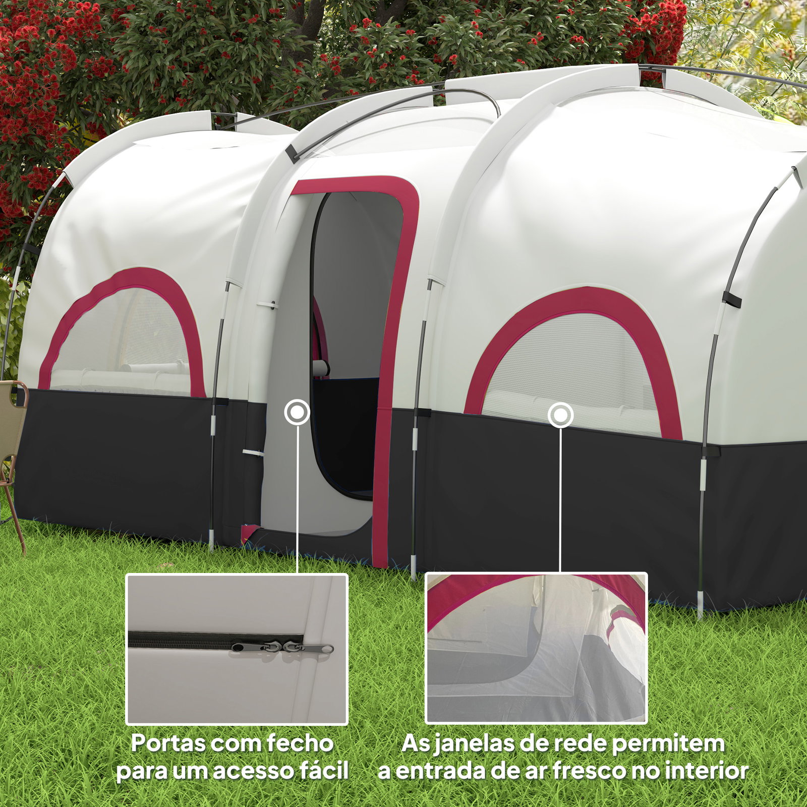 Tenda de campismo familiar tipo túnel para 4-6 pessoas impermeável 3.000 mm dobrável 435x251x195 cm cinzento escuro